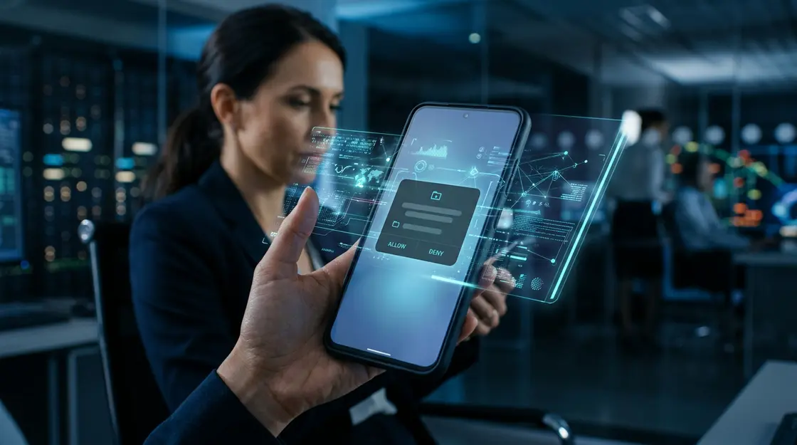 Android-Smartphone mit KI-Agenten-Overlay und Datenstrom-Visualisierung
