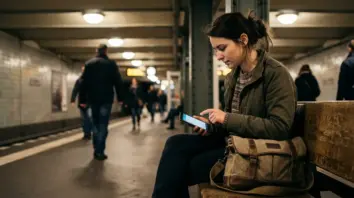 Android Security, Mobile Privacy – Frau prüft Android Security Patchlevel auf Smartphone in der U-Bahn