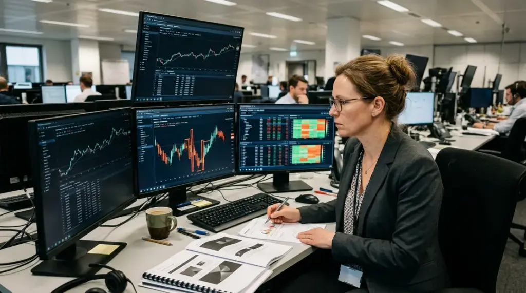 Anomalieerkennung, Trading-Sicherheit – Compliance-Analystin prüft Trading-Anomalien auf Mehrfachbildschirmen in einer Bankfiliale
