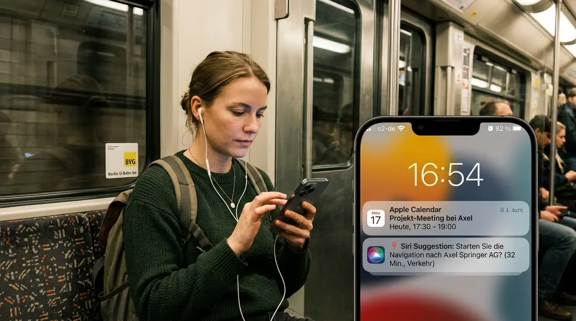 Frau in der U-Bahn erhält proaktiven Siri-Vorschlag auf iPhone
