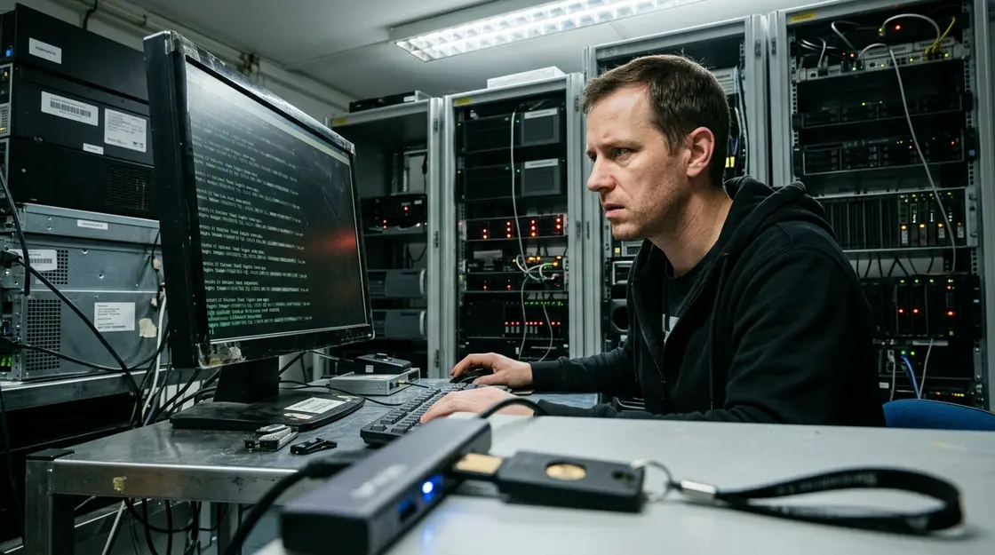 Authentifizierung, Identitätsschutz – IT-Administrator überwacht Authentifizierungslogs in einem Serverraum bei Cyberangriff