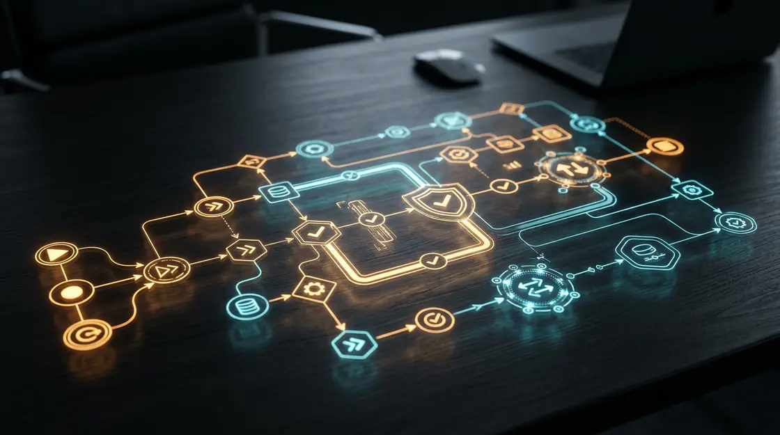 Holografisches Prozess-Blueprint mit vernetzten Workflow-Schritten für KI-Backoffice-Automatisierung