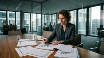 Banken-Profitabilität, ETF-Vermögen – Bankerin analysiert Ertragspool-Berichte zur Banken-Profitabilität in Frankfurter Bankfiliale