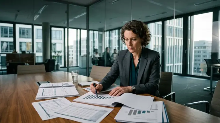 Banken-Profitabilität, ETF-Vermögen – Bankerin analysiert Ertragspool-Berichte zur Banken-Profitabilität in Frankfurter Bankfiliale