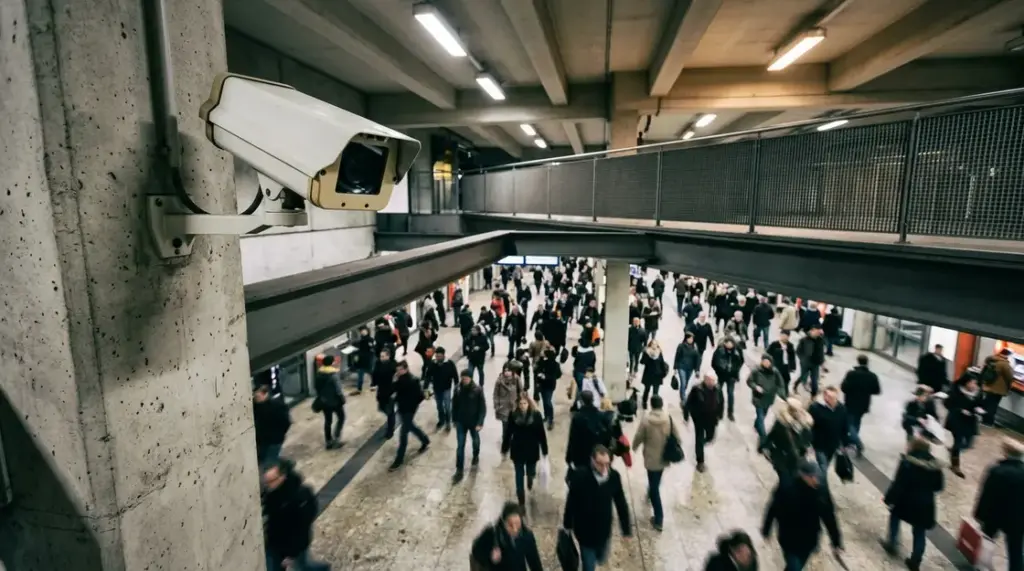 Biometrische Fernidentifikation, Smart City – Überwachungskamera in einem Bahnhof – Symbol für biometrische Fernidentifikation und AI Act