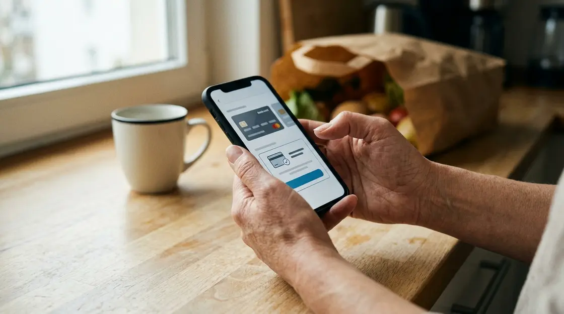 Smartphone-Checkout mit BNPL und Payment-Wallet-Optionen in der Küche