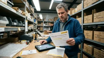 Buy Now, BNPL-Regulierung – Händler prüft BNPL-Regulierung und Checkout-Compliance-Unterlagen am Packstation-Schreibtisch
