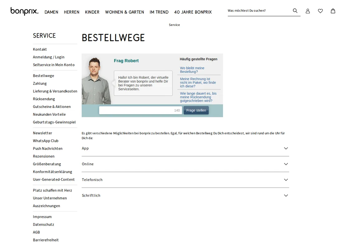 Bonprix Online-Shop Screenshot mit Bestellwegen