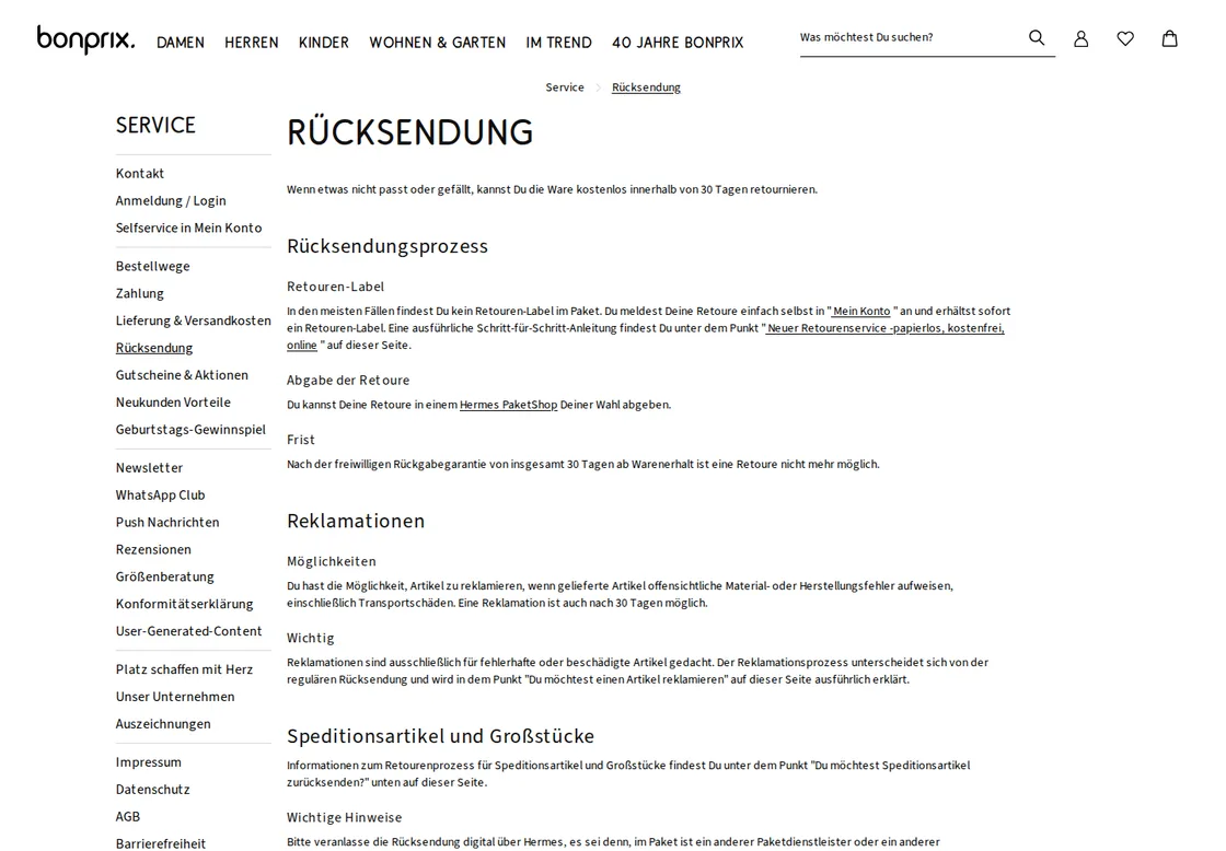Bonprix Online-Shop Screenshot mit Rücksendung und Retourenprozess