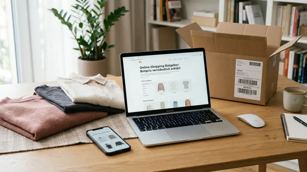 Bonprix Online-Shop redaktionelles Titelbild mit Laptop, Mode und Paket