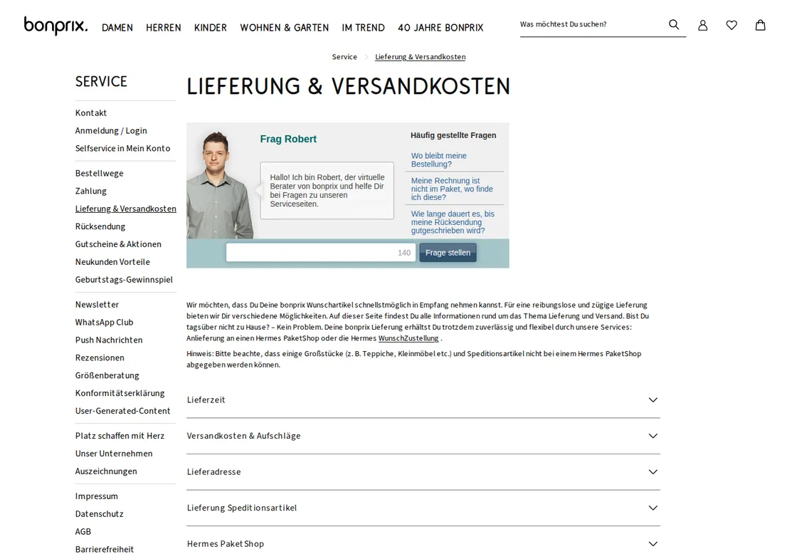 Bonprix Online-Shop Screenshot mit Lieferung und Versandkosten