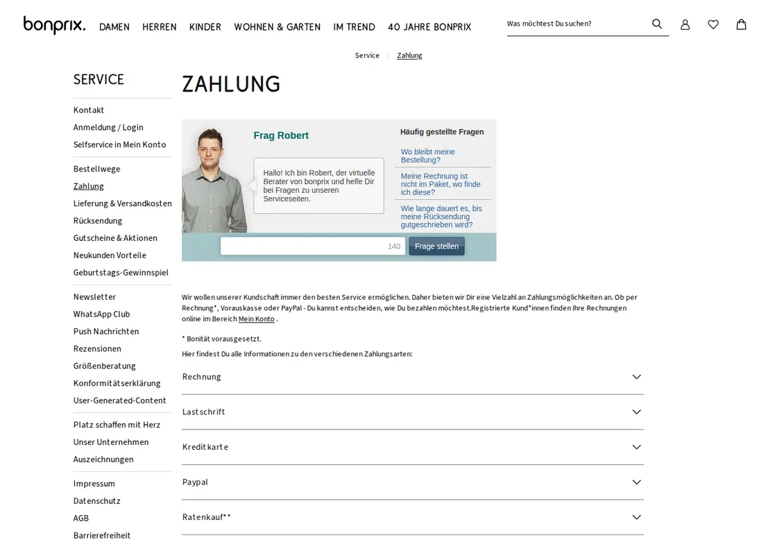 Bonprix Online-Shop Screenshot mit Zahlungsarten