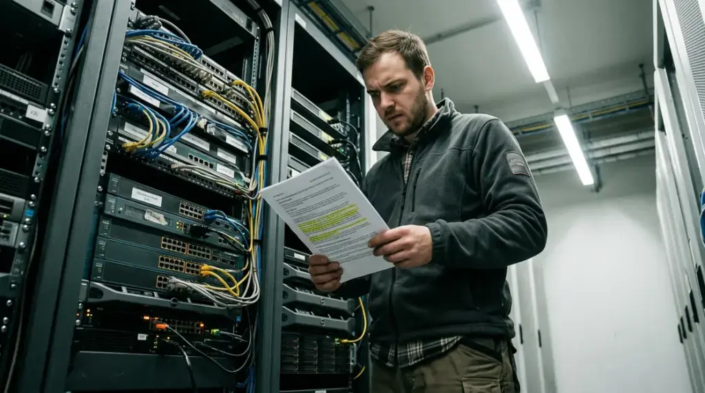 Botnet-Disruption, IoT-Malware – Sicherheitsanalystin im Serverraum prüft Botnet-Disruption-Protokoll