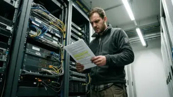 Botnet-Disruption, IoT-Malware – Sicherheitsanalystin im Serverraum prüft Botnet-Disruption-Protokoll