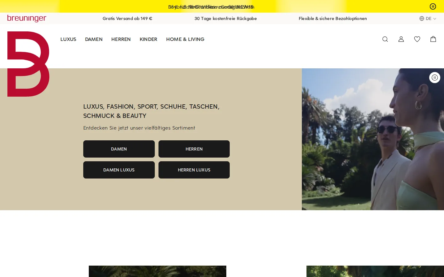 Breuninger Online-Shop Screenshot mit Startseite und Premium-Fashion-Angeboten