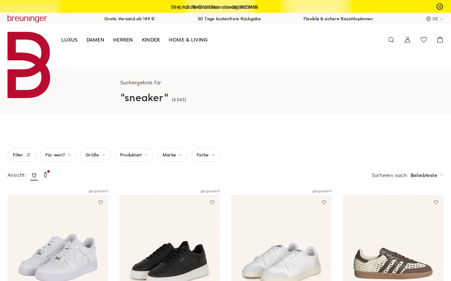 Breuninger Online-Shop Screenshot mit Sneaker-Suche, Filtern und Marken