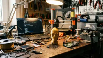 Raspberry Pi, lokale Assistenten – Raspberry Pi KI Bastelprojekt: 3D-gedruckter C-3PO-Kopf auf einer Maker-Werkbank