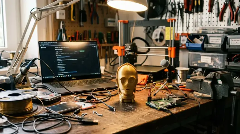 Raspberry Pi, lokale Assistenten – Raspberry Pi KI Bastelprojekt: 3D-gedruckter C-3PO-Kopf auf einer Maker-Werkbank