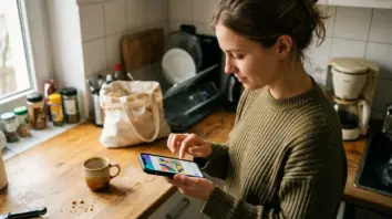 Canva KI, Social Media – Frau erstellt Canva KI Social Media Design auf Smartphone in der Küche