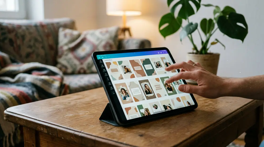 Canva WhatsApp-Status-Vorlagen auf Tablet im Wohnzimmer