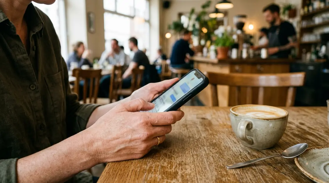Nutzer stellt Shopping-Anfrage via ChatGPT E-Commerce auf dem Smartphone im Café