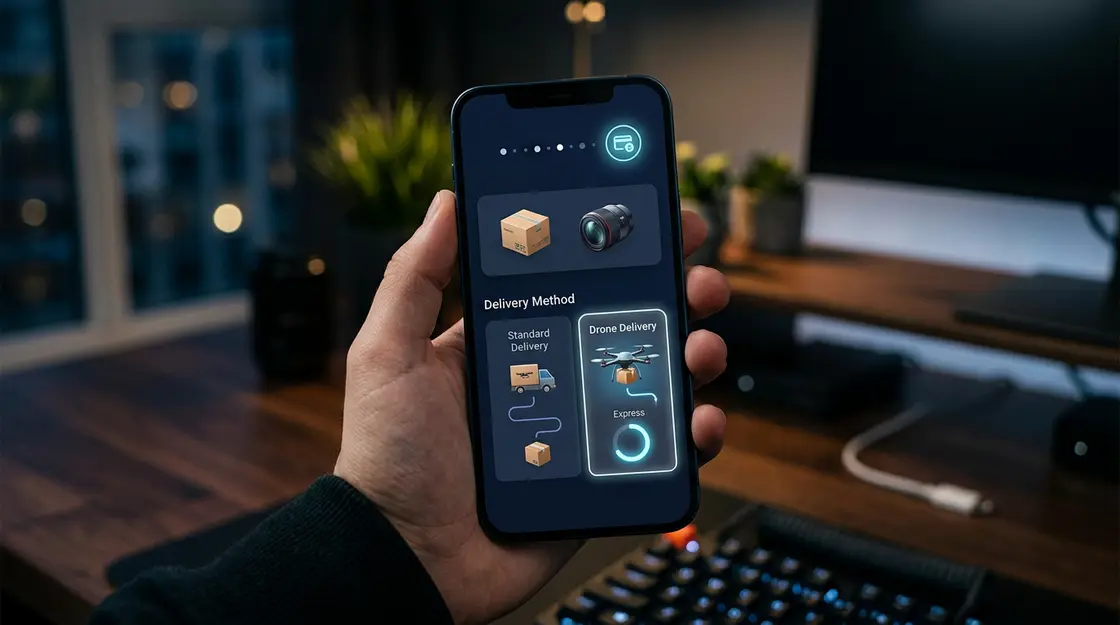 Smartphone-Checkout mit Drohnen-Express-Lieferoption in einer E-Commerce-App