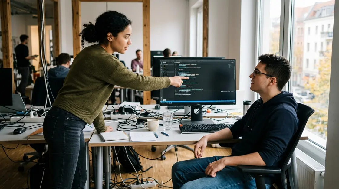 Team-Entwickler diskutieren Codebase-Kontext und KI-Code-Editor-Einsatz
