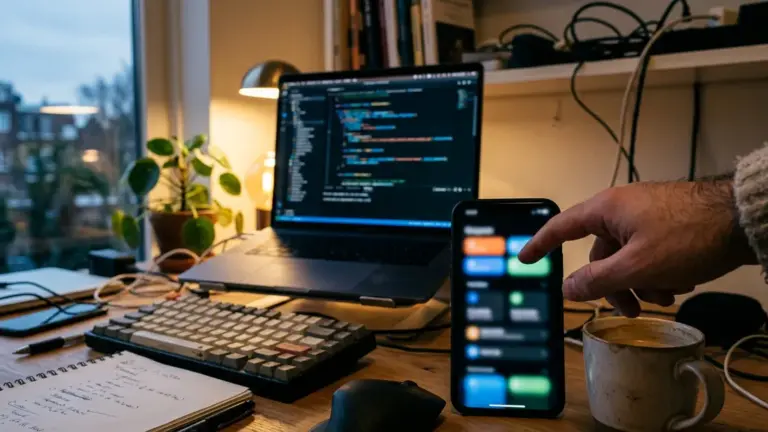 OpenAI Codex Fernsteuerung auf einem Smartphone vor einem Entwickler-Arbeitsplatz