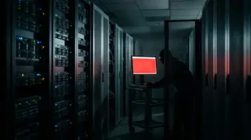 cPanel, Ransomware – Server-Rack mit roter Fehlerwarnung – Symbol für die cPanel-Sicherheitslücke und Ransomware-Angriffe