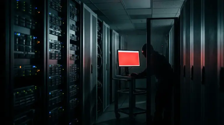cPanel, Ransomware – Server-Rack mit roter Fehlerwarnung – Symbol für die cPanel-Sicherheitslücke und Ransomware-Angriffe