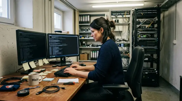 cPanel-Schwachstelle, Webhoster-Sicherheit – Systemadministrator prüft Server nach cPanel-Schwachstelle in einem deutschen Rechenzentrum