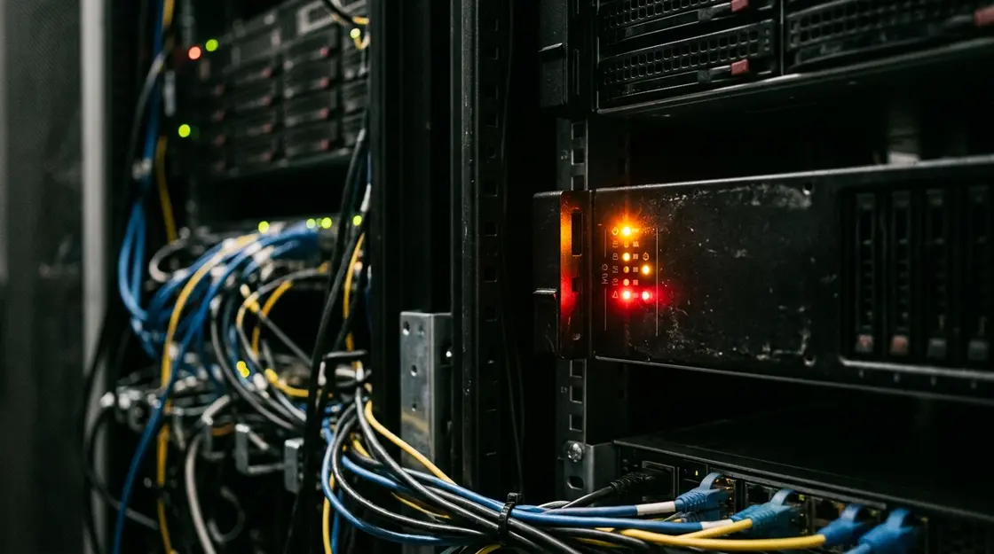 Server-Rack mit Warnanzeigen symbolisiert aktiv ausgenutzte Webhoster-Sicherheitslücke