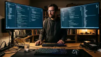 Cursor IDE, Multi-Repo Agents – Entwickler arbeitet mit Cursor IDE an mehreren Repositories gleichzeitig auf zwei Monitoren