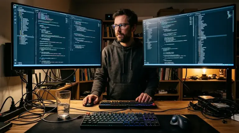 Cursor IDE, Multi-Repo Agents – Entwickler arbeitet mit Cursor IDE an mehreren Repositories gleichzeitig auf zwei Monitoren