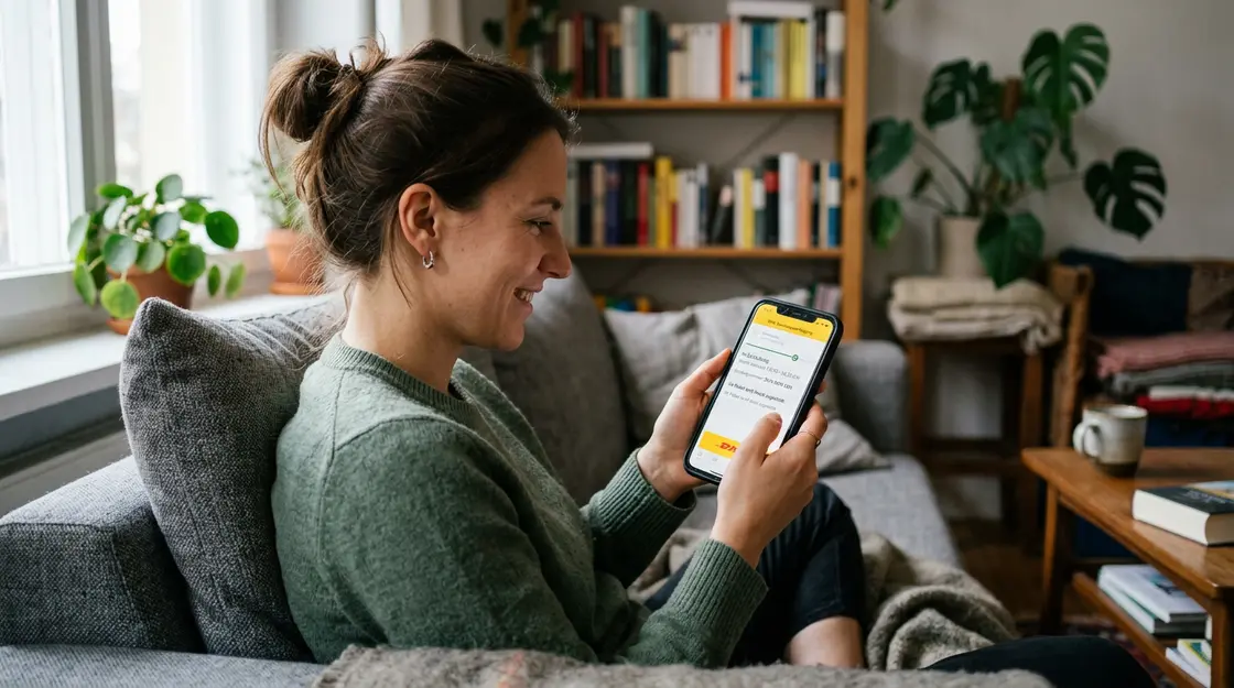 Kundin prüft Echtzeit-Tracking-Benachrichtigung auf Smartphone im Wohnzimmer