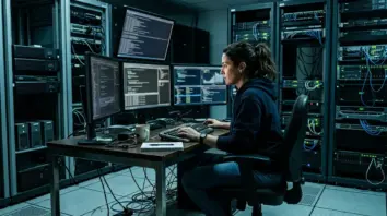 Datenschutzverletzung, DSGVO-Enforcement – Sicherheitsanalyst überwacht Datenschutzverletzung in einem Serverraum