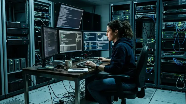 Datenschutzverletzung, DSGVO-Enforcement – Sicherheitsanalyst überwacht Datenschutzverletzung in einem Serverraum