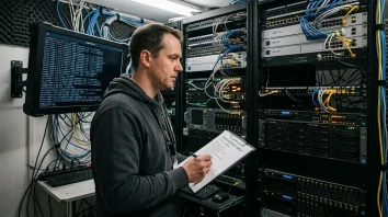 Debian Trixie, Release Candidate – Admin prüft Debian Trixie Freeze-Status am Serverrack