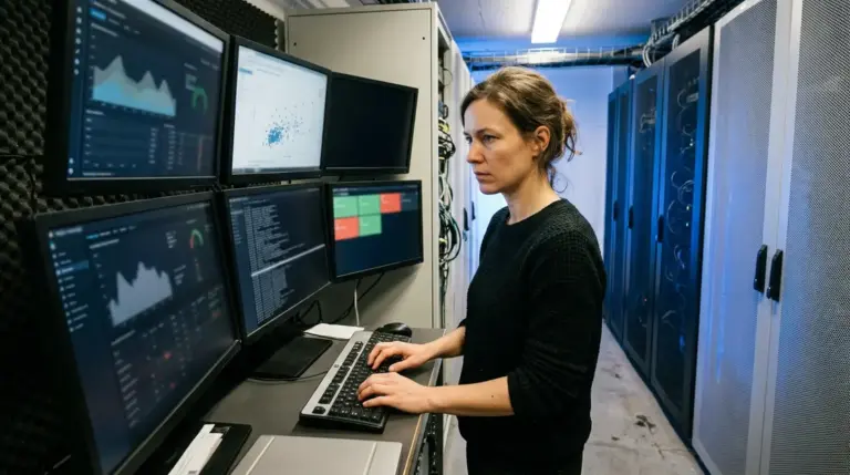 Agenten-Evaluierung, Anomalie-Detection – Software-Ingenieurin prüft Agenten-Evaluierung auf Monitoring-Terminal im Serverraum