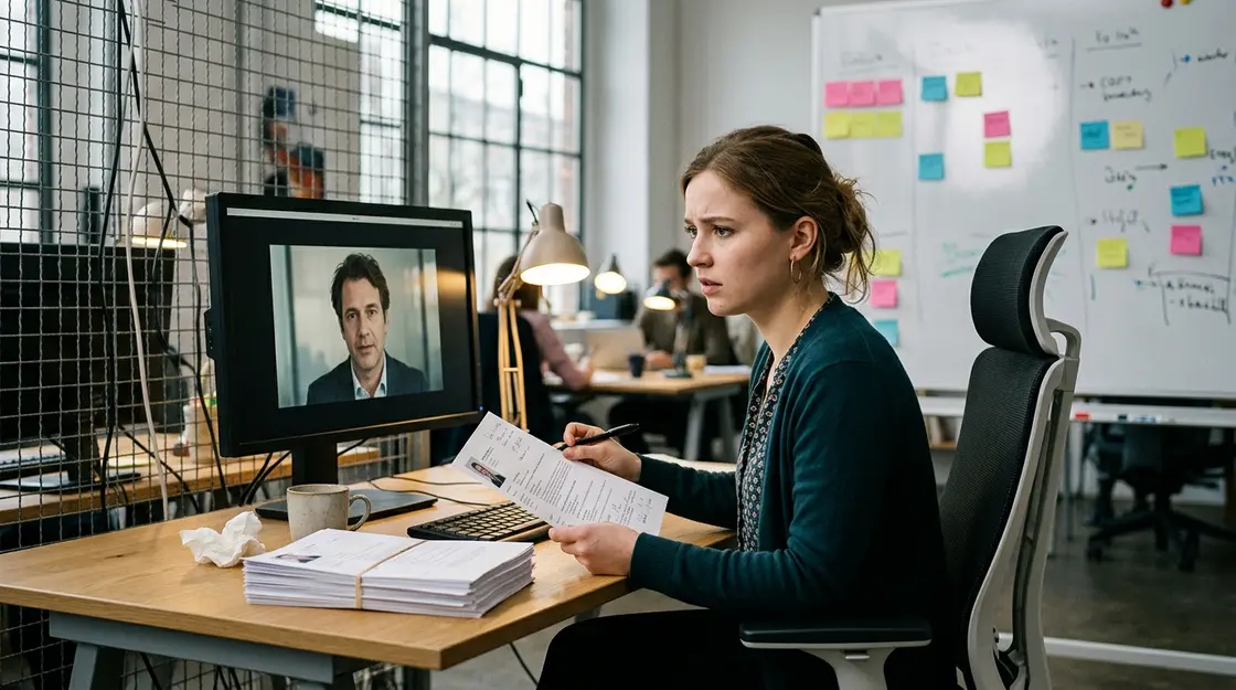 HR-Mitarbeiterin analysiert verdächtiges Video-Bewerbungsgespräch mit möglichem Deepfake-Kandidaten