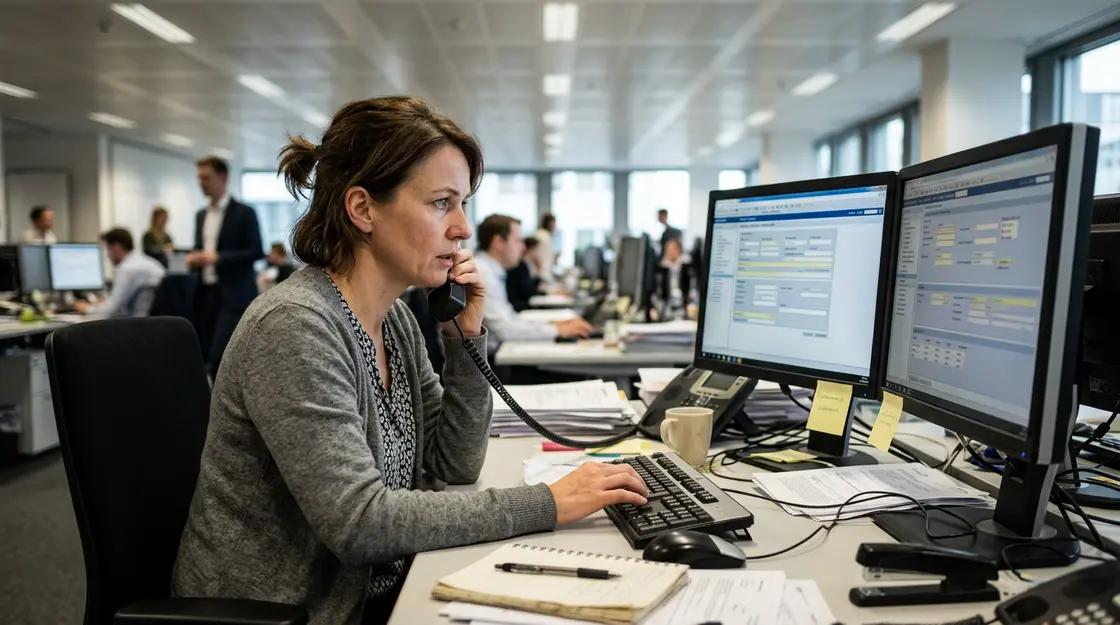 Deepfake, Business Email – Mitarbeiterin in Finanzabteilung am Telefon mit geöffnetem Überweisungsformular – Deepfake CEO-Fraud Szenario