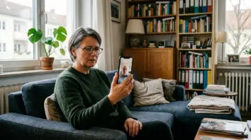 Deepfake, Phishing – Frau beim Deepfake-Video-Call auf dem Smartphone – Phishing-Angriff im Banking