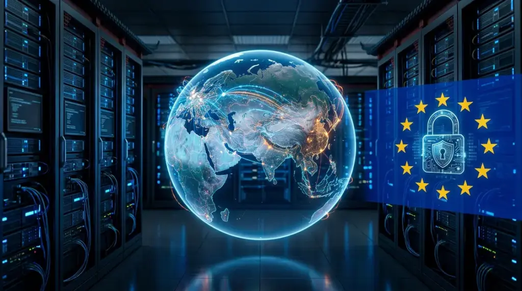 DeepSeek, Datenschutz – DeepSeek Datenschutz – Serverraum mit Datentransfer zwischen China und Europa