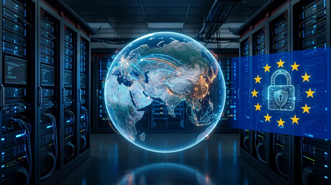 DeepSeek, Datenschutz – DeepSeek Datenschutz – Serverraum mit Datentransfer zwischen China und Europa