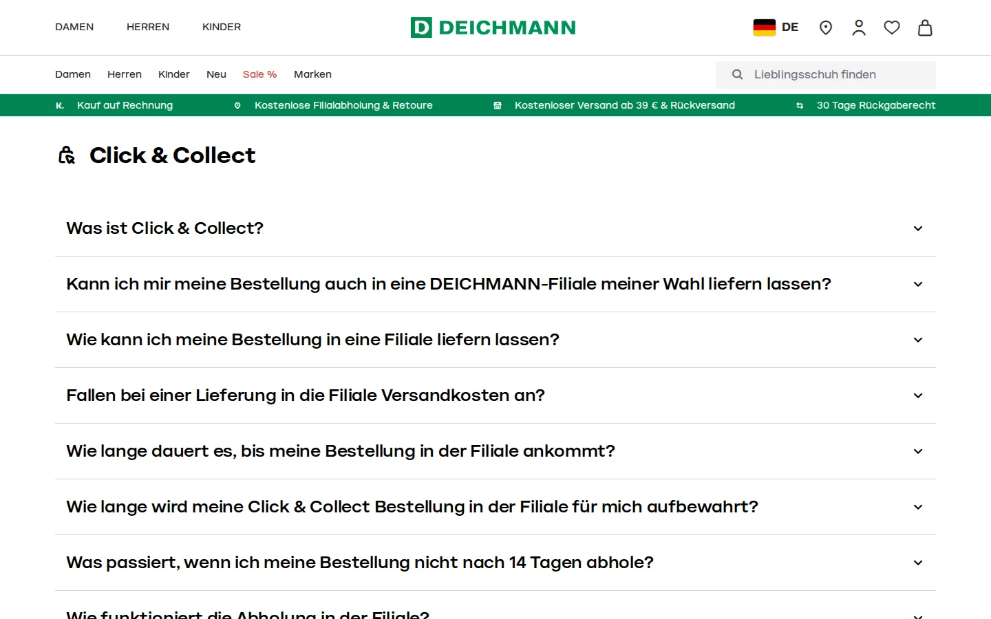 Deichmann Online-Shop Screenshot mit Click and Collect Informationen