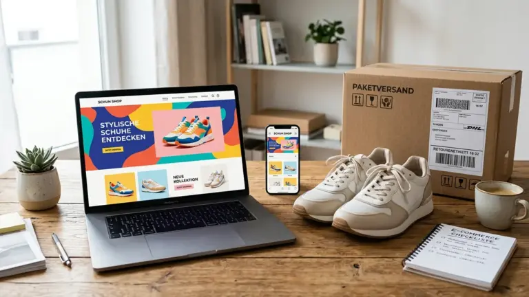 Deichmann Online-Shop Titelbild mit Schuhen, Paket und Online-Shopping-Szene (Symbolbild)