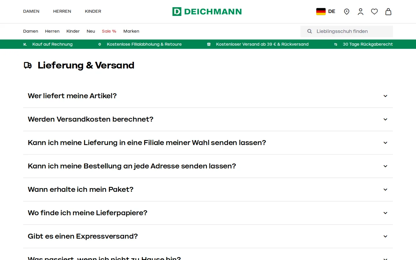 Deichmann Online-Shop Screenshot mit Versandinformationen