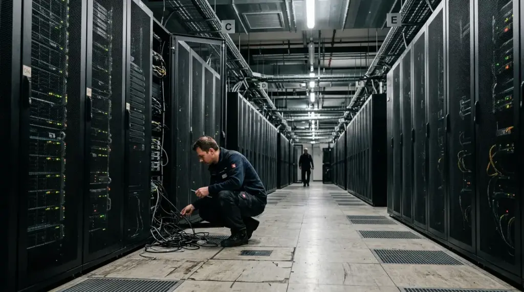 Deutsches KI-Rechenzentrum, Edge-Computing – Techniker im deutschen KI-Rechenzentrum prüft Serververbindungen zwischen Racks