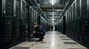 Deutsches KI-Rechenzentrum, Edge-Computing – Techniker im deutschen KI-Rechenzentrum prüft Serververbindungen zwischen Racks