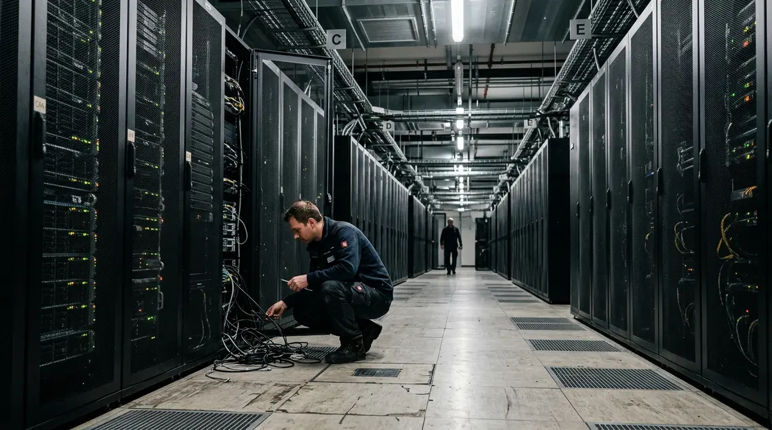 Deutsches KI-Rechenzentrum, Edge-Computing – Techniker im deutschen KI-Rechenzentrum prüft Serververbindungen zwischen Racks